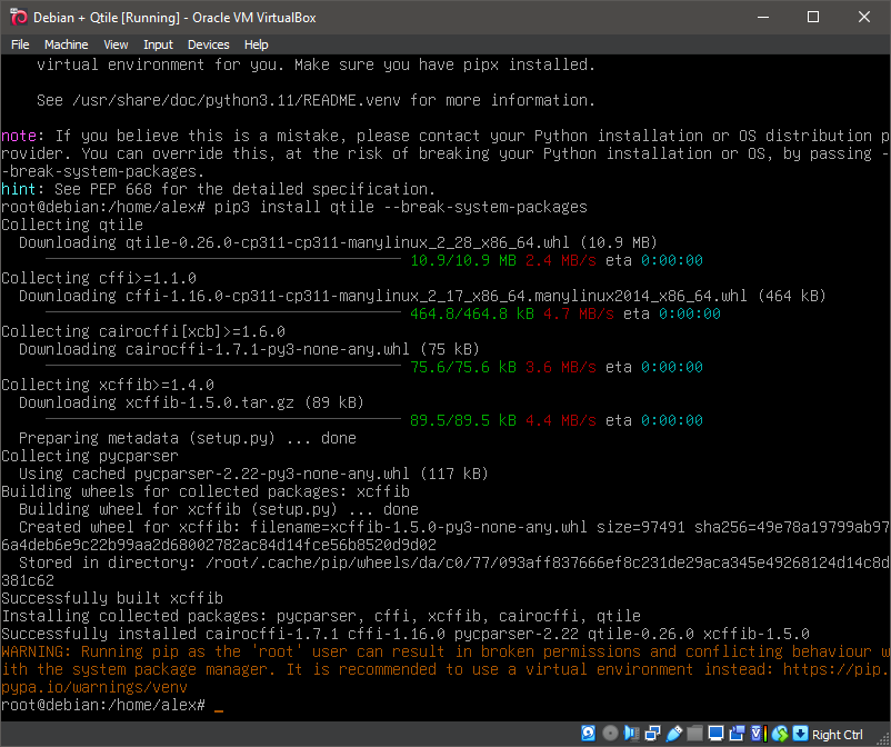 Running 'pip3 install qtile --break-system-packages'